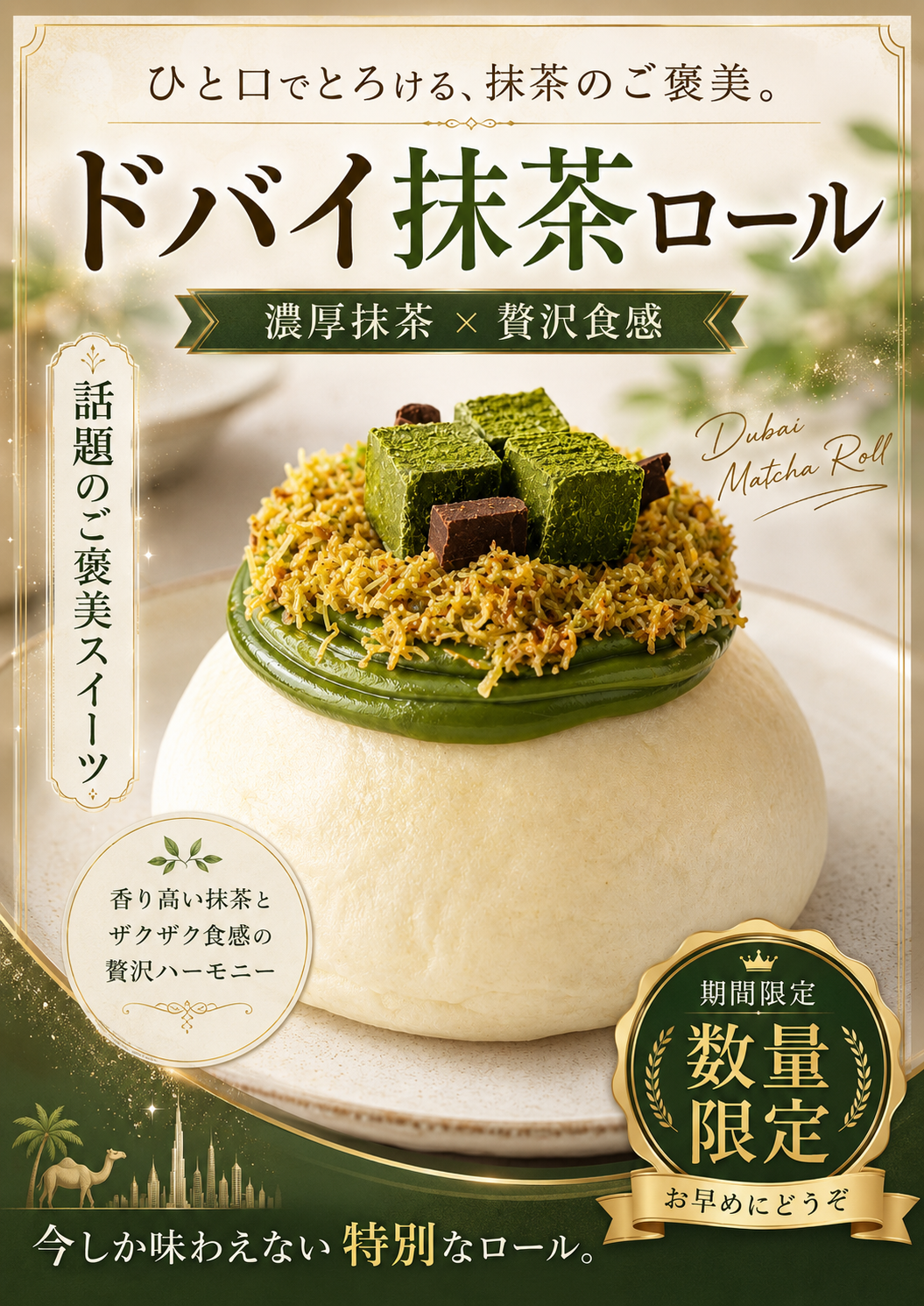 濃厚抹茶とザクザク食感を楽しむ日吉店のドバイ抹茶ロール